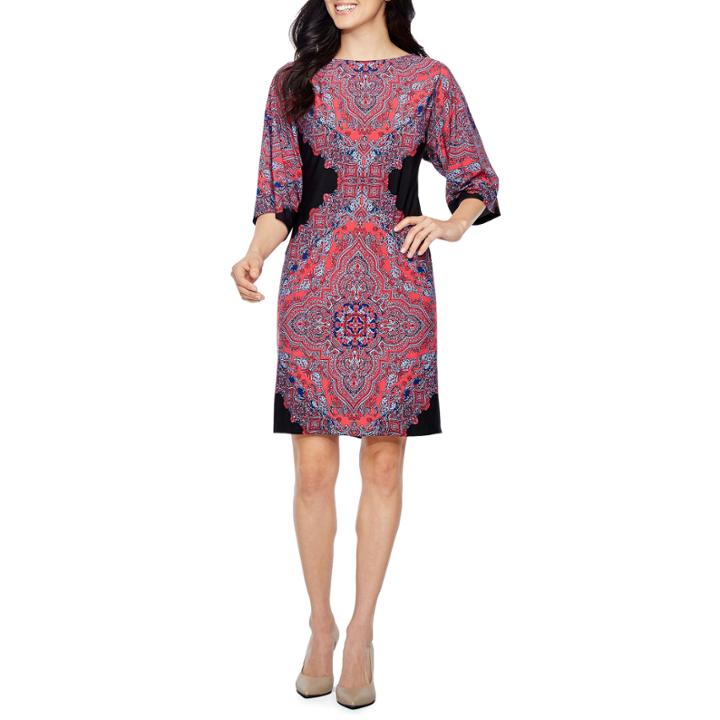 London Times 3/4 Sleeve Medallion Shift Dress