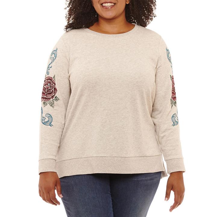 St. John's Bay Embroidered Long Sleeve Step Hem Sweatshirt-plus