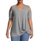 Boutique + Short Sleeve Cold Shoulder Knot Front Knit Blouse-plus