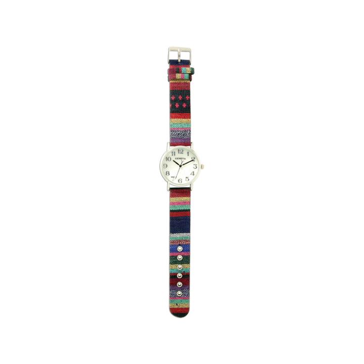 Olivia Pratt Womens Silver-tone Faux Mop Dial Red-navy Patterned Fabric Strap Watch 10352tr