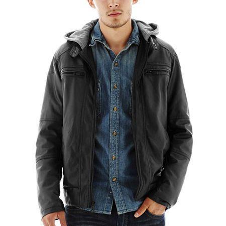 Excelled Faux-leather Moto Jacket With Hood