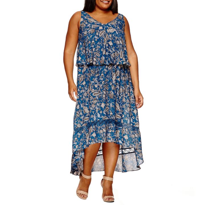 Boutique + Sleeveless Hi Low Woven Maxi Dress-plus