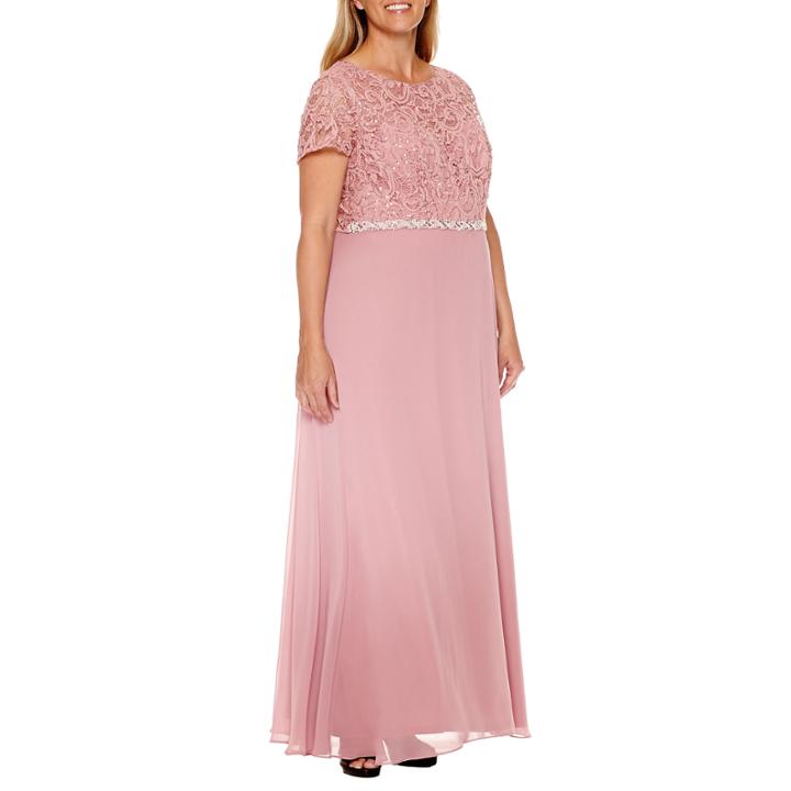 Jackie Jon Short Sleeve Beaded Lace Evening Gown-plus
