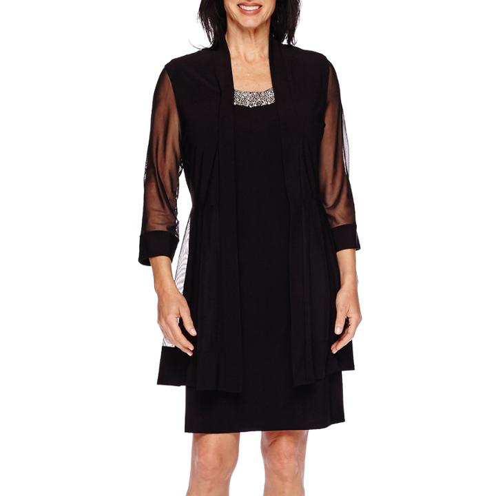 R & M Richards Long-sleeve Sheer-inset Bead Jacket Dress