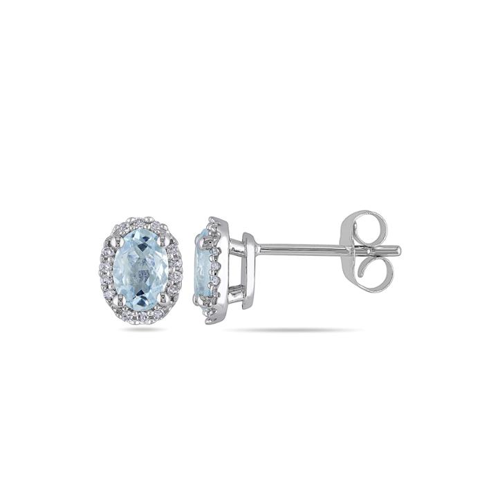 Oval Genuine Aquamarine And Diamond-accent 10k White Gold Halo Earrings