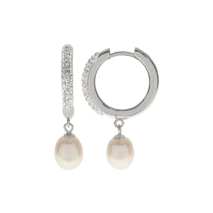 Cultured Freshwater Pearl & Crystal Sterling Silver Hoop Earrings