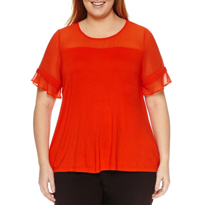 Worthington Sheer Flutter Sleeve Top-plus