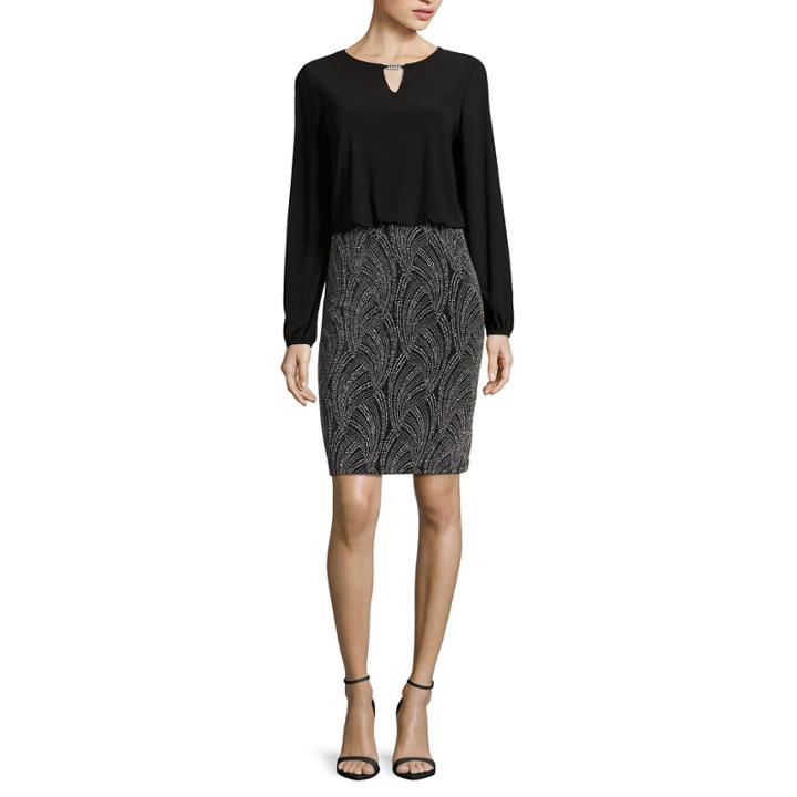 Blue Sage Long-sleeve Blouson Top With Glitter Print Skirt