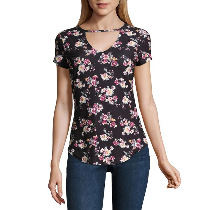 Almost Famous Short Sleeve V Neck Jersey Floral Blouse-juniors