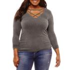 Arizona Rib Knit Cutout Neckline Top- Juniors Plus