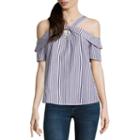 By & By Short Sleeve Straight Neck Poplin Stripe Blouse-juniors