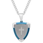 Mens Diamond Accent Stainless Steel With Blue Ip Cross Shield Pendant Necklace