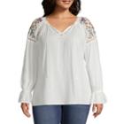 A.n.a Long Sleeve V Neck Embroidered Shoulder Woven Blouse - Plus