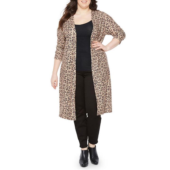 Boutique + Long Sleeve Open Front Leopard Cardigan - Plus