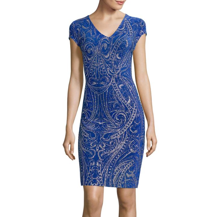 Blu Sage Cap-sleeve Glitter Print Sheath Dress