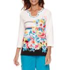 Alfred Dunner Tropical Vibe3/4 Sleeve Floral Stripe Top