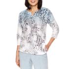 Alfred Dunner Northern Lights 3/4 Sleeve V Neck Animal Print Top