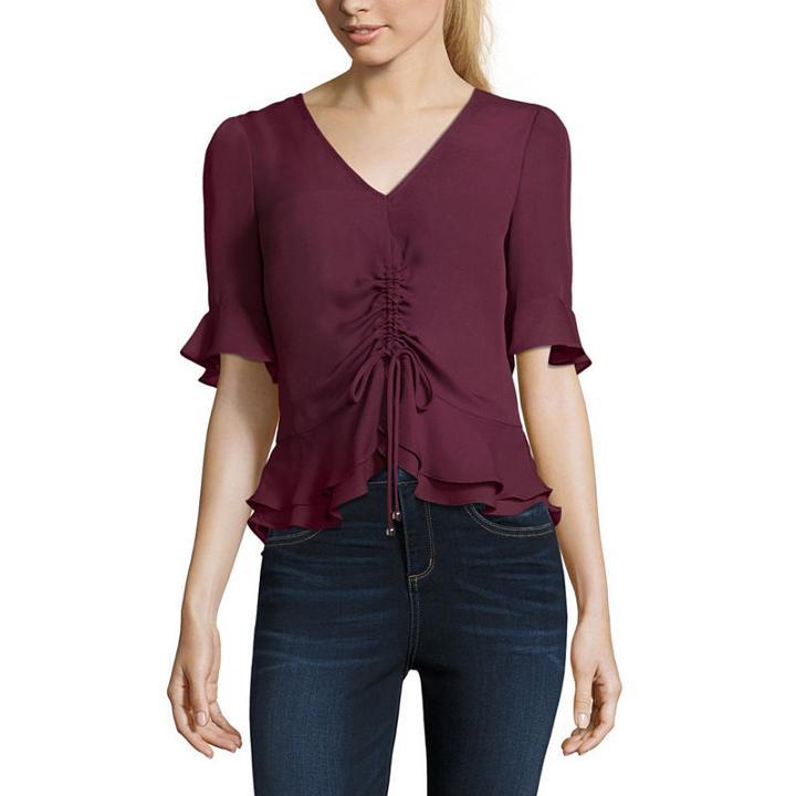 By & By Elbow Sleeve V Neck Crepe Blouse-juniors