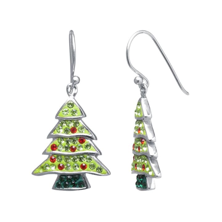 Sparkle Allure Christmas Tree Multi Color Crystal Silver Over Brass Drop Earrings