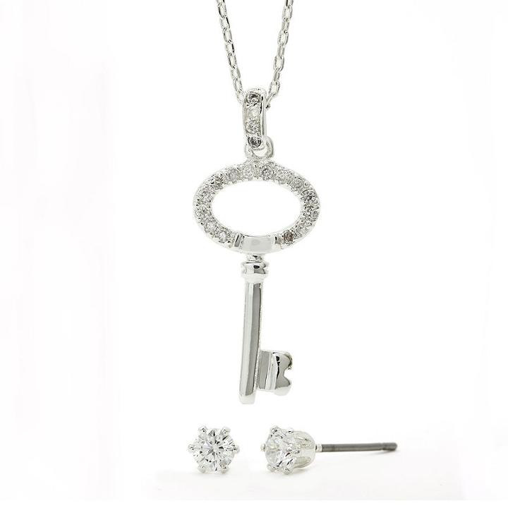Sparkle Allure&trade; Cubic Zirconia Silver-plated Stud Earrings And Key Pendant Necklace Set