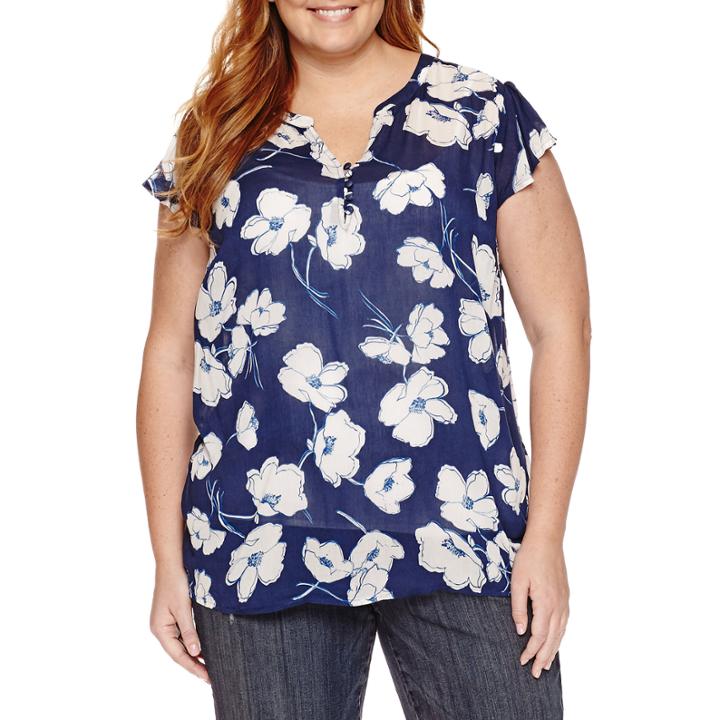 Liz Claiborne Short Sleeve Split Crew Neck T-shirt-plus