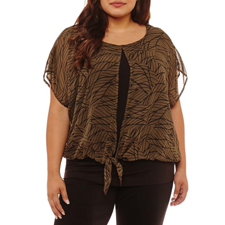 Byer California Short Sleeve Round Neck Chiffon Leaf Blouse-plus