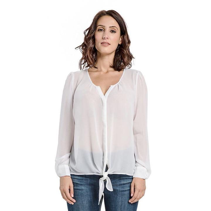 Women Chiffon Woven White Blouse Front Tie Lantern Like Sleeves