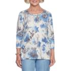 Alfred Dunner Silver Belles 3/4 Sleeveround Neck Floral T-shirt-womens