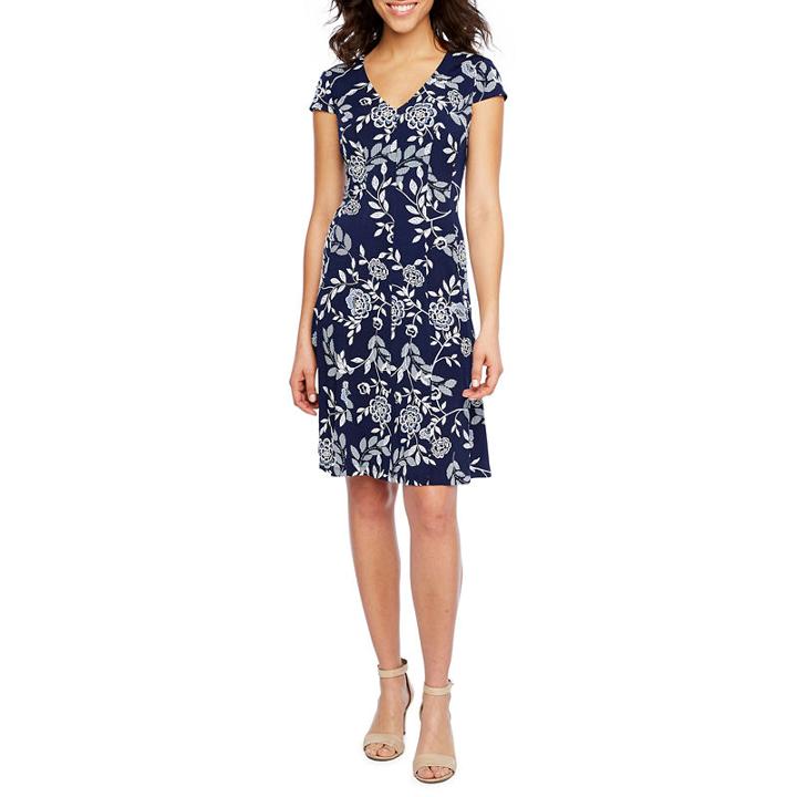 Studio 1 Cap Sleeve Floral Puff Print Fit & Flare Dress