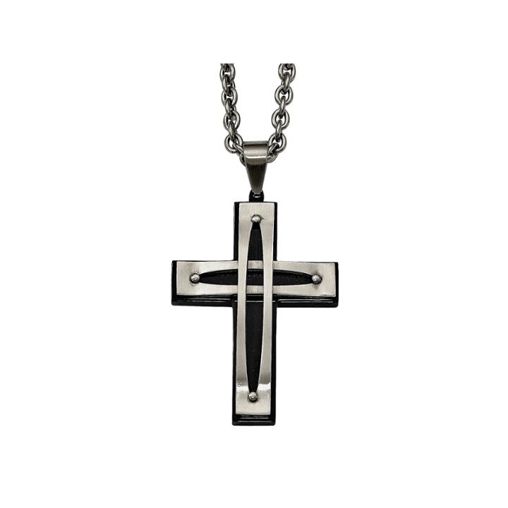 Mens Stainless Steel Black Ion-plated Arched Cross Pendant