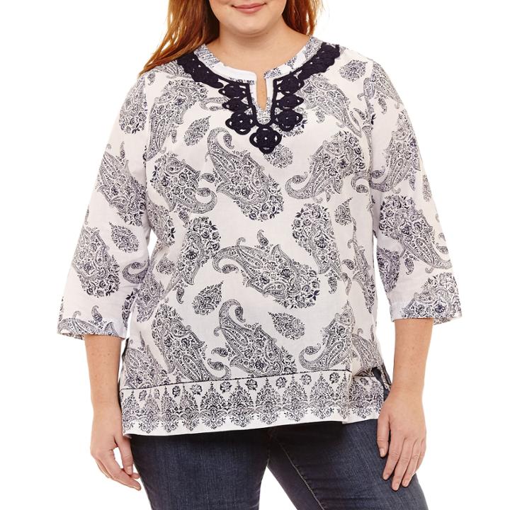 Liz Claiborne Split Neck Embroidered Tunic- Plus