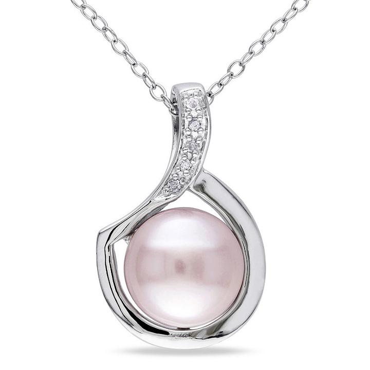 Womens Diamond Accent Pink Pearl Sterling Silver Pendant Necklace