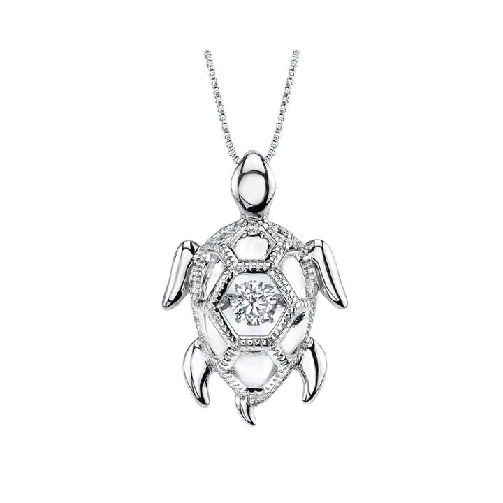 Dancing Cubic Zirconia Sterling Silver Turtle Pendant Necklace