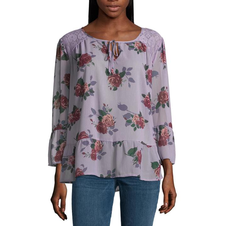 Self Esteem Long Sleeve Split Crew Neck Chiffon Floral Blouse-juniors