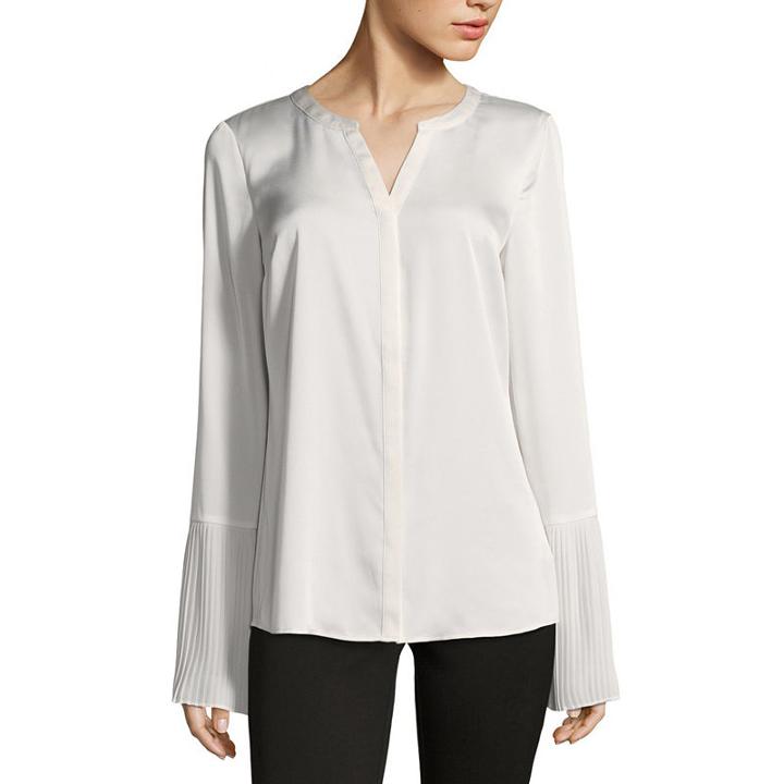 Worthington Long Sleeve Split Crew Neck Woven Blouse - Tall