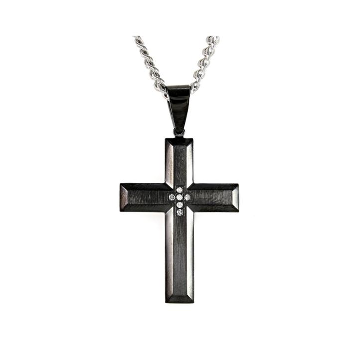Mens Diamond-accent Black Ion-plated Stainless Steel Cross Pendant Necklace