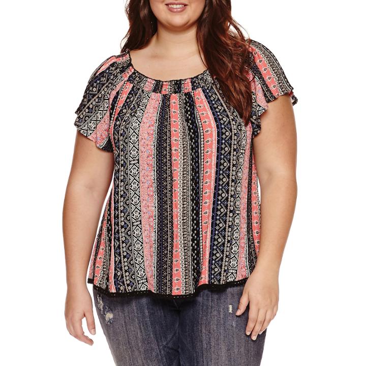 Self Esteem Short Sleeve Stripe Peasant Top Juniors Plus