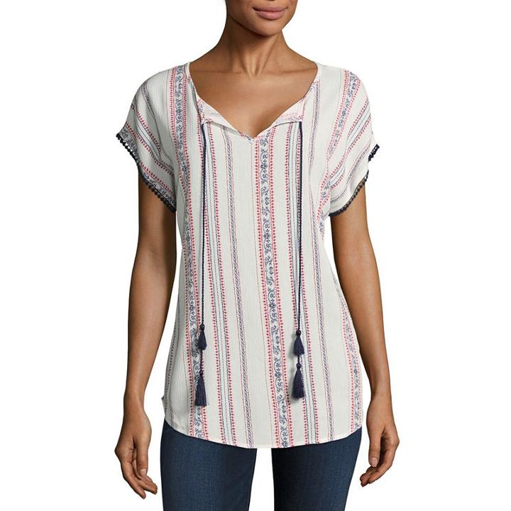 Liz Claiborne Short Sleeve Drop Shoulder Sleeve Geo Linear Peasant Top