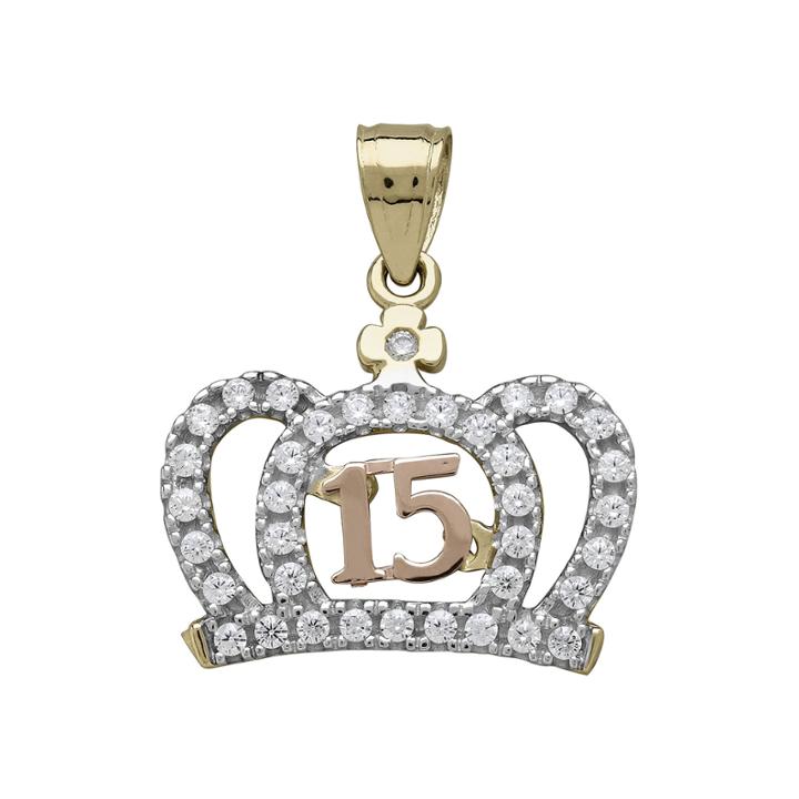Tesoro&trade; Cubic Zirconia 14k Two-tone Gold Quinceanera Crown Pendant