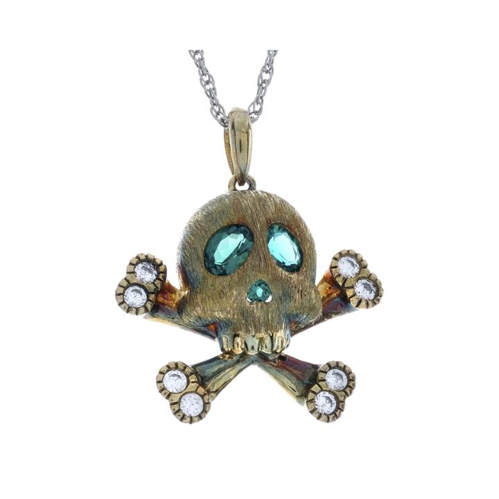 Simulated Emerald And Lab-created White Sapphire Skull And Crossbones Pendant Necklace