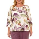 Alfred Dunner Palm Desert 3/4 Sleeve Leaf Print T-shirt-womens Plus