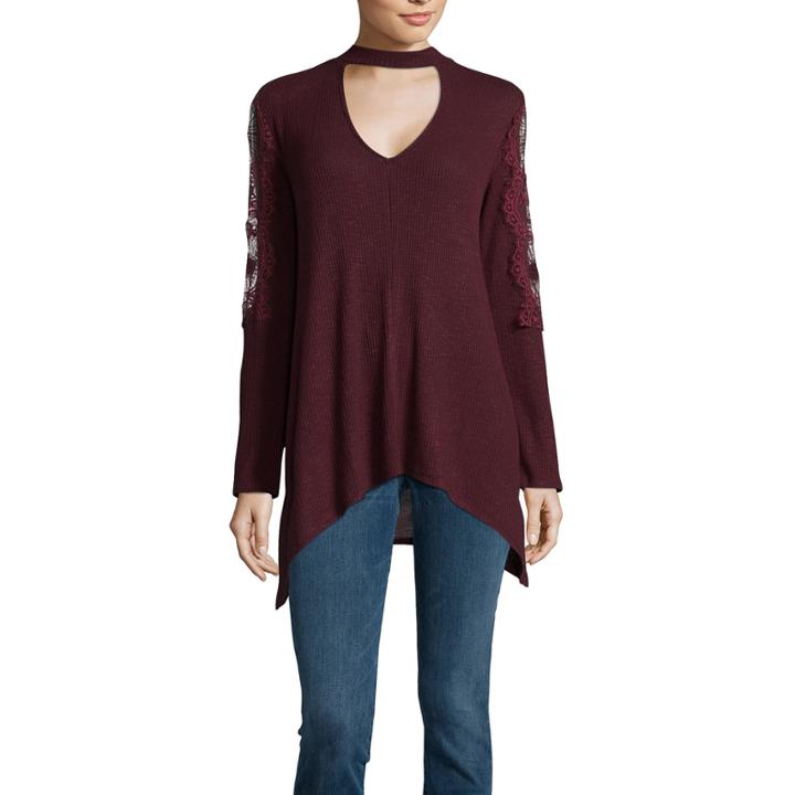 A.n.a. Long Sleeve V Neck Choker Knit Blouse