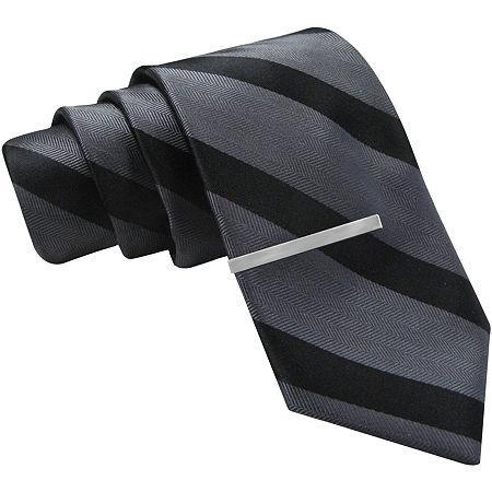 Jf J. Ferrar Tonal-striped Tie And Tie Bar Set - Skinny