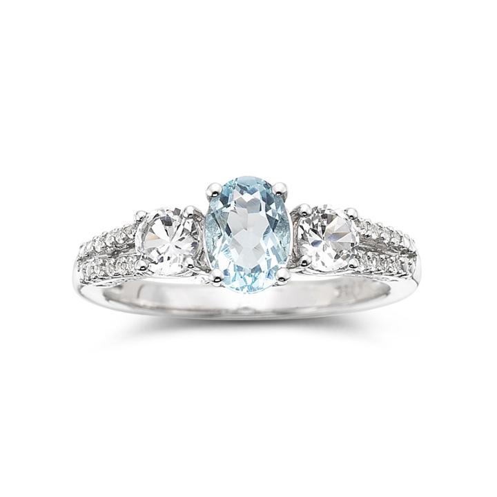 Simulated Aquamarine & Lab-created White Sapphire Sterling Silver 3-stone Ring