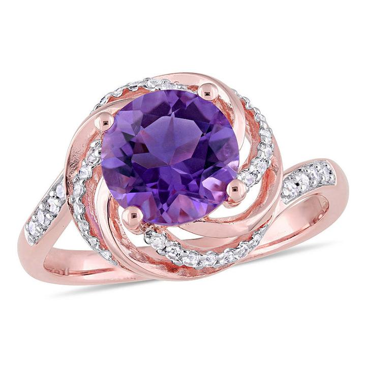 Womens Diamond Accent Genuine Amethyst Purple 18k Rose Gold Over Silver Cocktail Ring