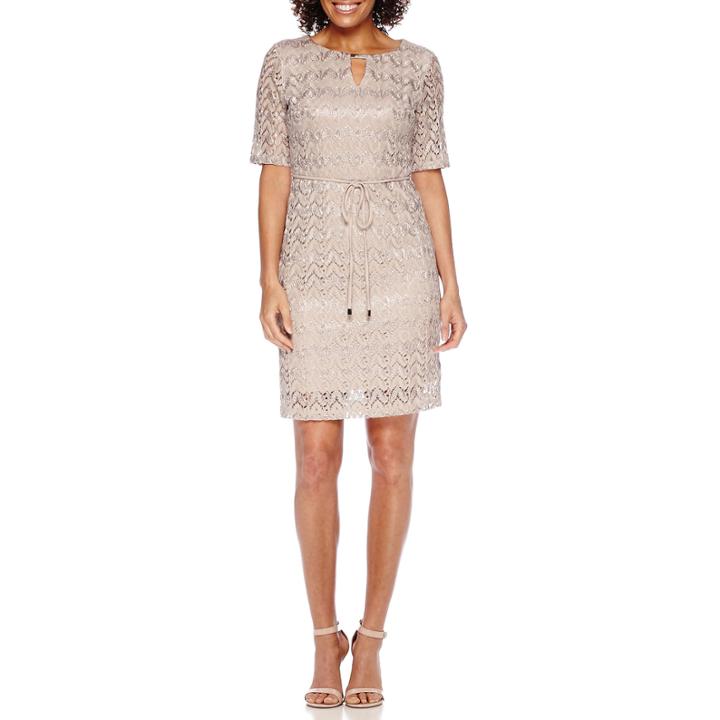 Studio 1 Elbow-sleeve Belted Novelty Knit Sheath Dress - Petite