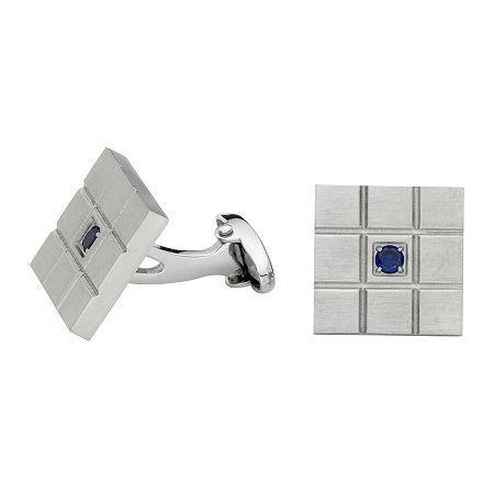 Grid Pattern Cuff Links With Blue Crystal Accent