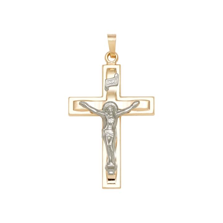 14k Two-tone Gold Polished Textured Crucifix Charm Pendant