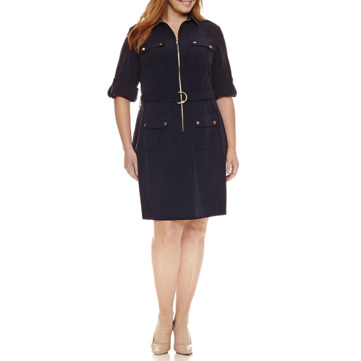 Sharagano 3/4 Sleeve Shirt Dress-plus