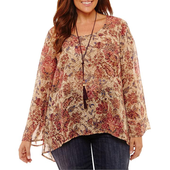 Unity World Wear Long Sleeve Scoop Neck Woven Floral Blouse-plus